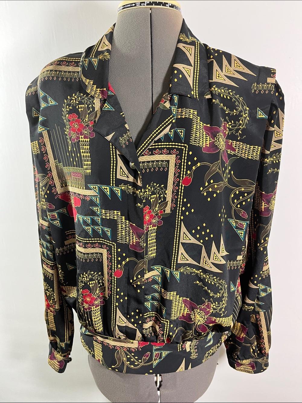 TanJay Vintage  Black Blouse with Gold and Purple Floral Accents Women Size 14